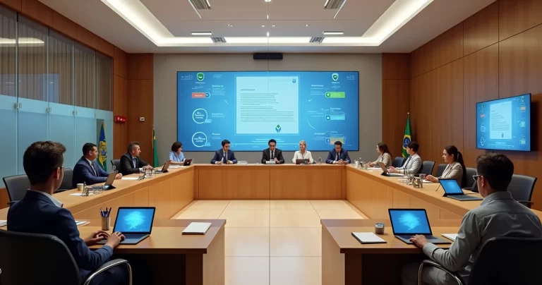 Plenário de câmara de vereadores moderno com recursos tecnológicos digitais
