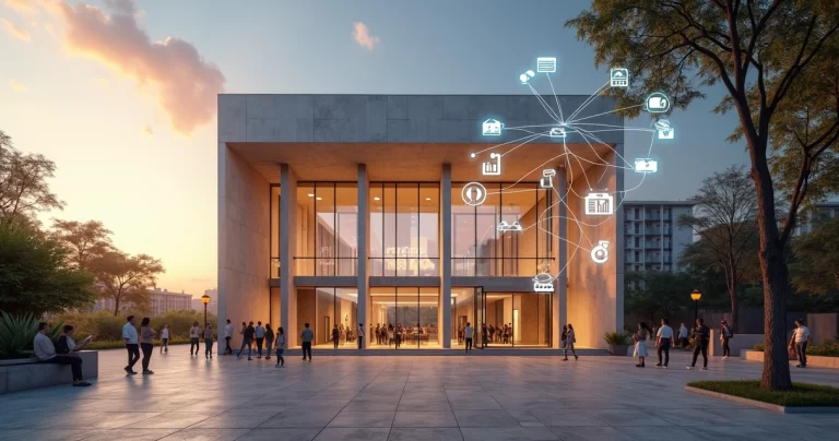 Fachada de câmara municipal com ícones digitais conectados sobre a cidade