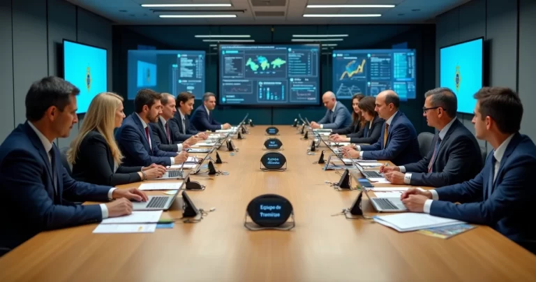 Equipe técnica de transição de governo em reunião com documentos e telas digitais