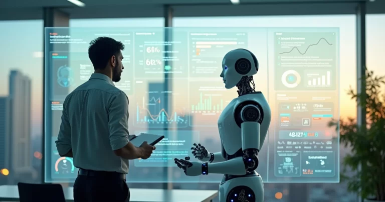 Robô e trabalhador brasileiro em frente a painel digital sobre o futuro do trabalho