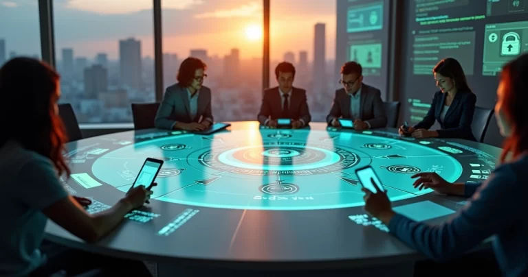 Painel digital central exibindo fluxo de processo legislativo integrado a dispositivos e cidadãos ao redor