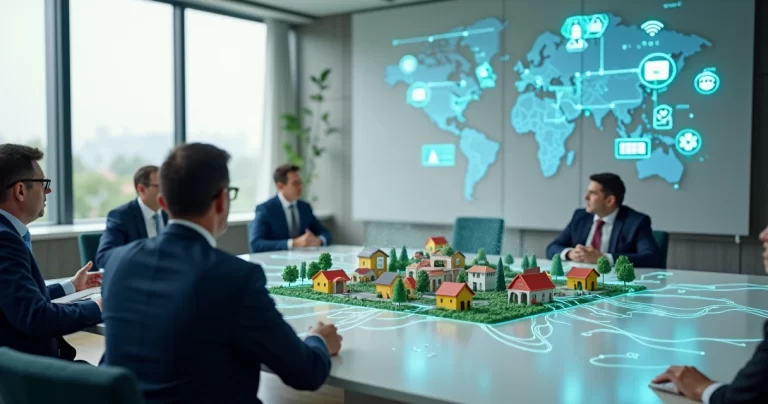 Prefeitos observam maquete conectada por ícones de tecnologia em sala de reuniões