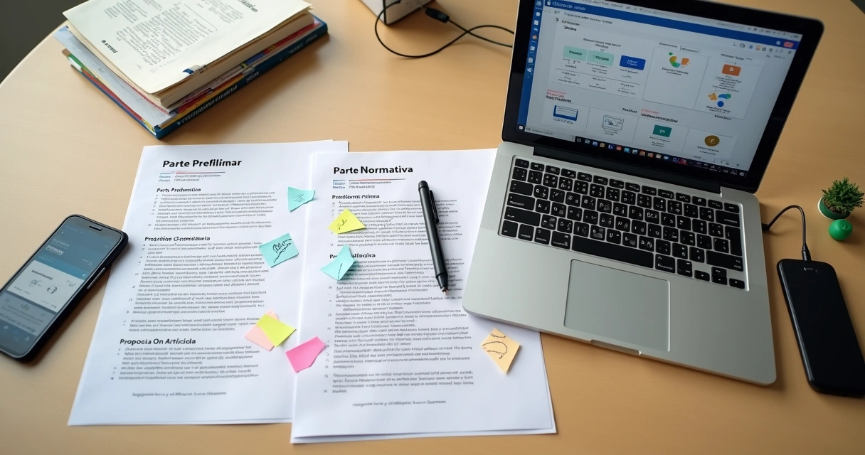 Mesa com projeto de lei municipal estruturado em etapas impressas e digitais