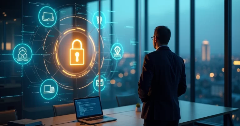 Vereador observa painel digital com cadeado protegendo dados legislativos