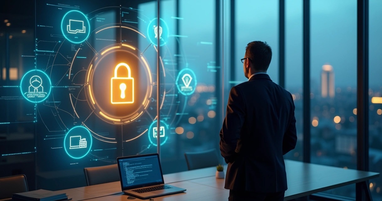 Vereador observa painel digital com cadeado protegendo dados legislativos