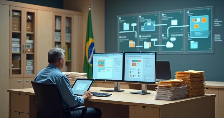 Servidor organiza arquivos digitais legislativos em mesa com tablets e pastas