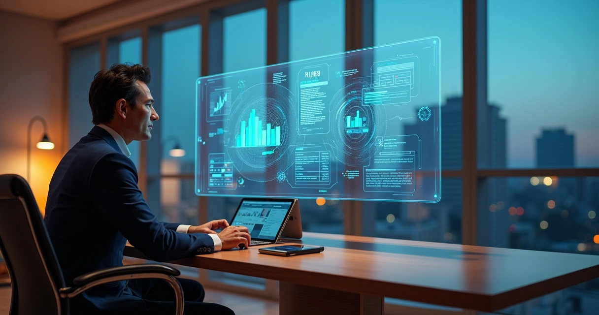 Vereador em mesa moderna interagindo com painel digital holográfico