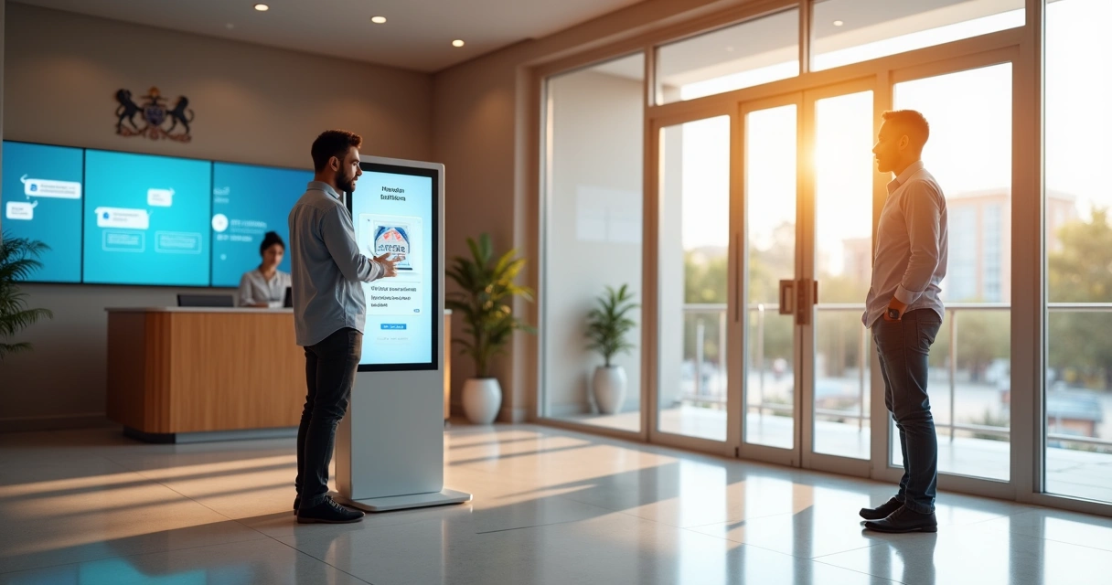 Cidadão em hall de câmara municipal usando totem digital com chatbot para atendimento público