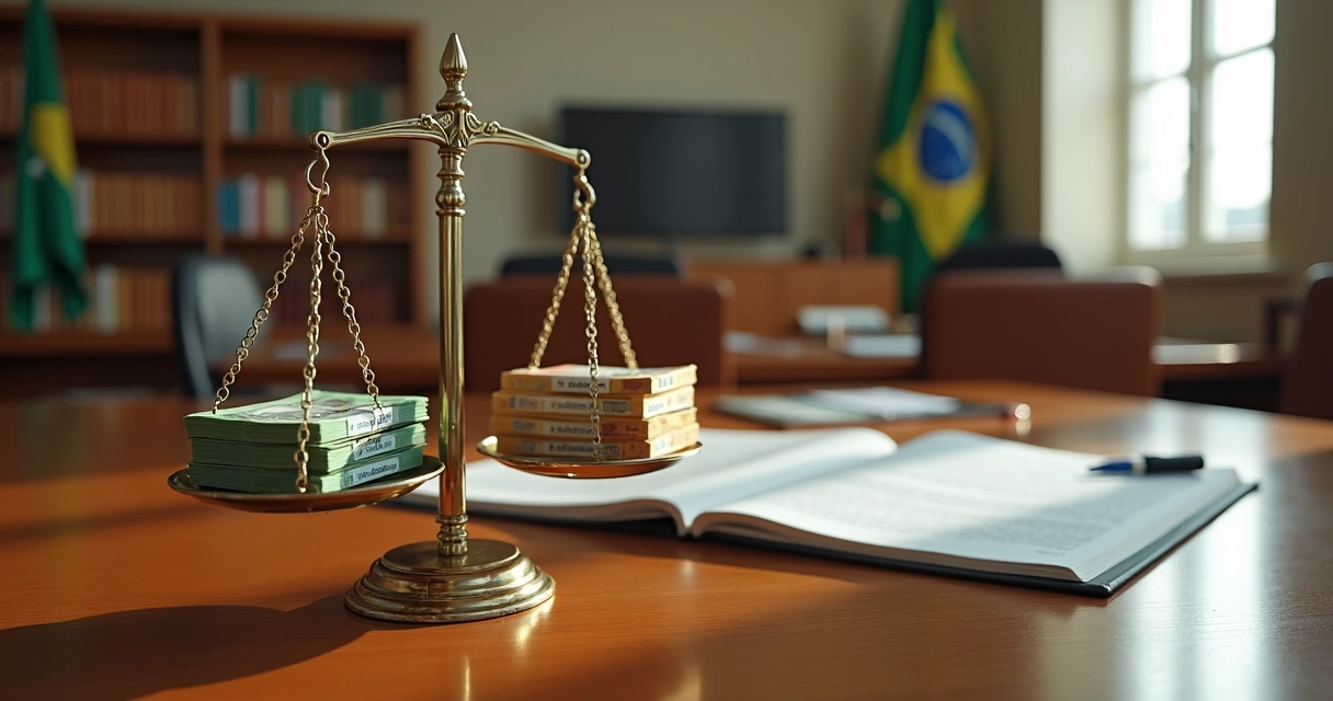 Balança de justiça com cifras em destaque ao lado de documentos sobre piso salarial