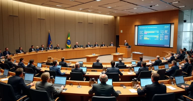 Plenário de câmara municipal moderna com vereadores em sessão