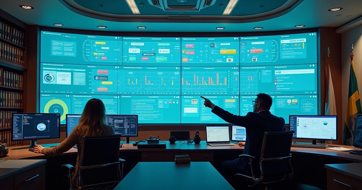Equipe de câmara municipal monitora painel digital gigante com fluxo legislativo e ícones de tecnologia