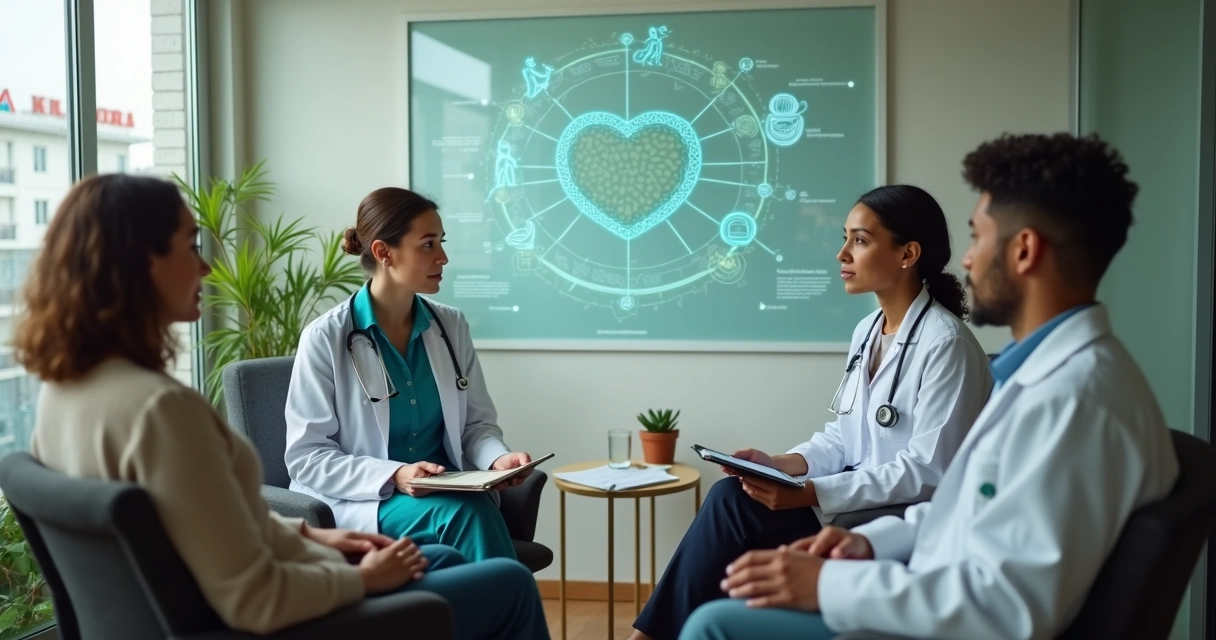Profissionais de saúde conversam com paciente em consultório acolhedor com símbolos de bem-estar e espiritualidade