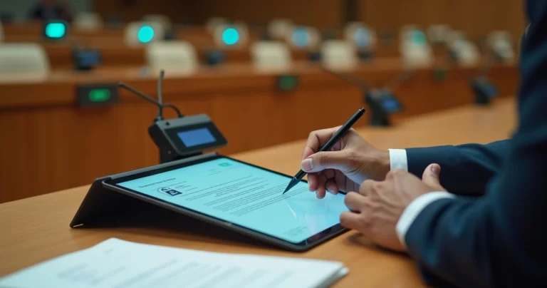 Vereador assinando documento digital em tablet apoiado sobre bancada do plenário
