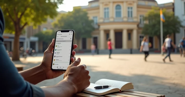 Cidadão consulta leis municipais em aplicativo no celular sentado em praça pública
