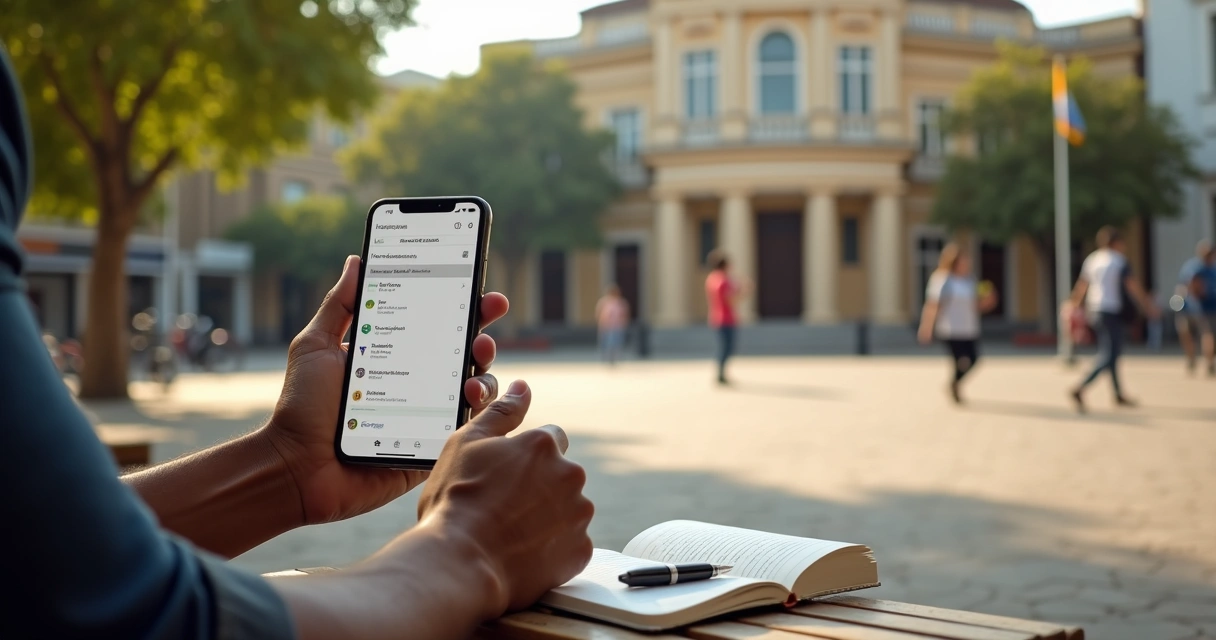 Cidadão consulta leis municipais em aplicativo no celular sentado em praça pública