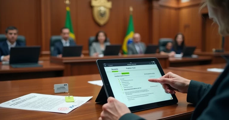 Vereadora confirma assinatura digital de documento legislativo em tablet no plenário da câmara