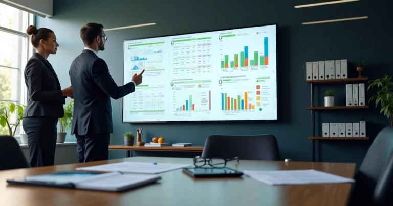 Auditor e servidora de câmara municipal analisam dashboard de transparência em tela ampla