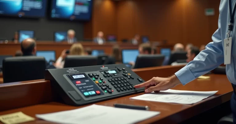 Mesa diretora ajustando sistema de votação eletrônica durante sessão plenária