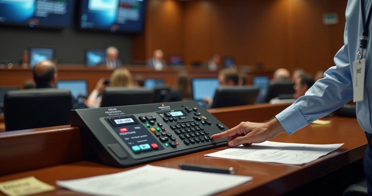 Mesa diretora ajustando sistema de votação eletrônica durante sessão plenária