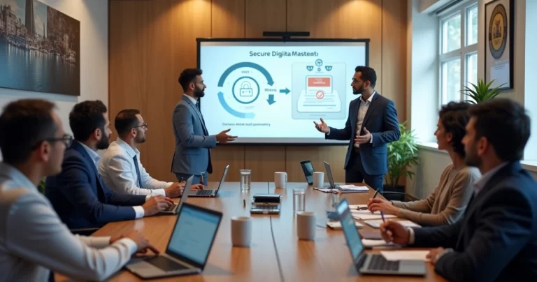 Equipe de câmara municipal em treinamento sobre uso seguro de assinaturas digitais em sala de reunião