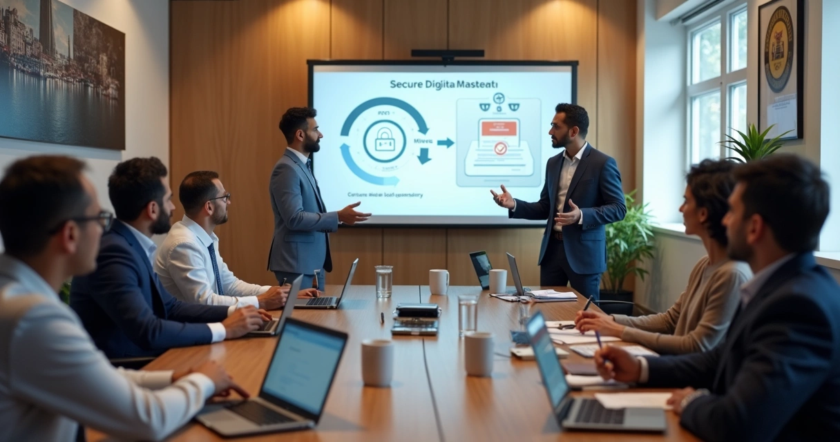 Equipe de câmara municipal em treinamento sobre uso seguro de assinaturas digitais em sala de reunião
