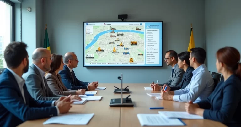 Vereadores analisando mapa digital com obras públicas destacadas