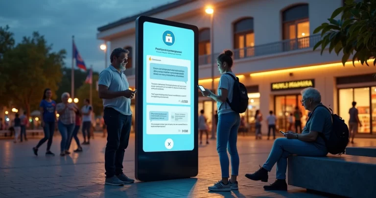 Moradores interagem com chatbot de consulta pública em telão instalado em praça central