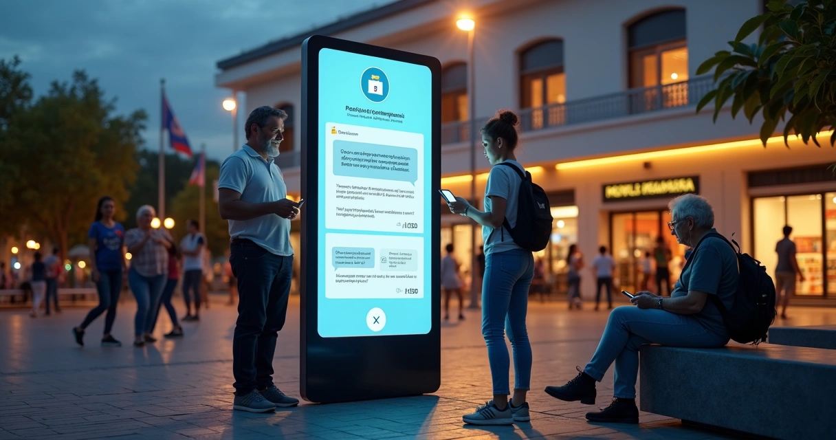 Moradores interagem com chatbot de consulta pública em telão instalado em praça central