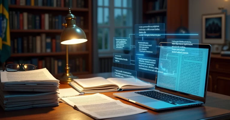 Mesa de assessor jurídico com pilha de processos e holograma azul de inteligência artificial analisando textos