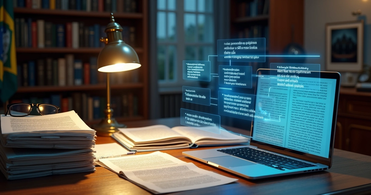 Mesa de assessor jurídico com pilha de processos e holograma azul de inteligência artificial analisando textos
