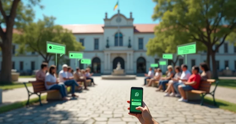 Cidadãos em praça pública interagindo com chatbot legislativo pelo WhatsApp