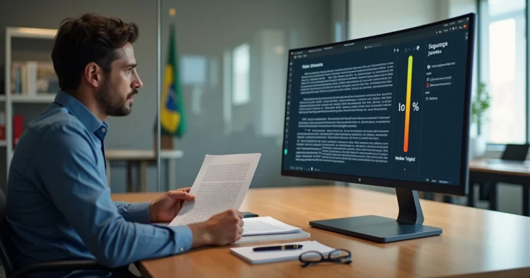 Assessor da câmara confere parecer impresso com versão digital revisada na tela do computador