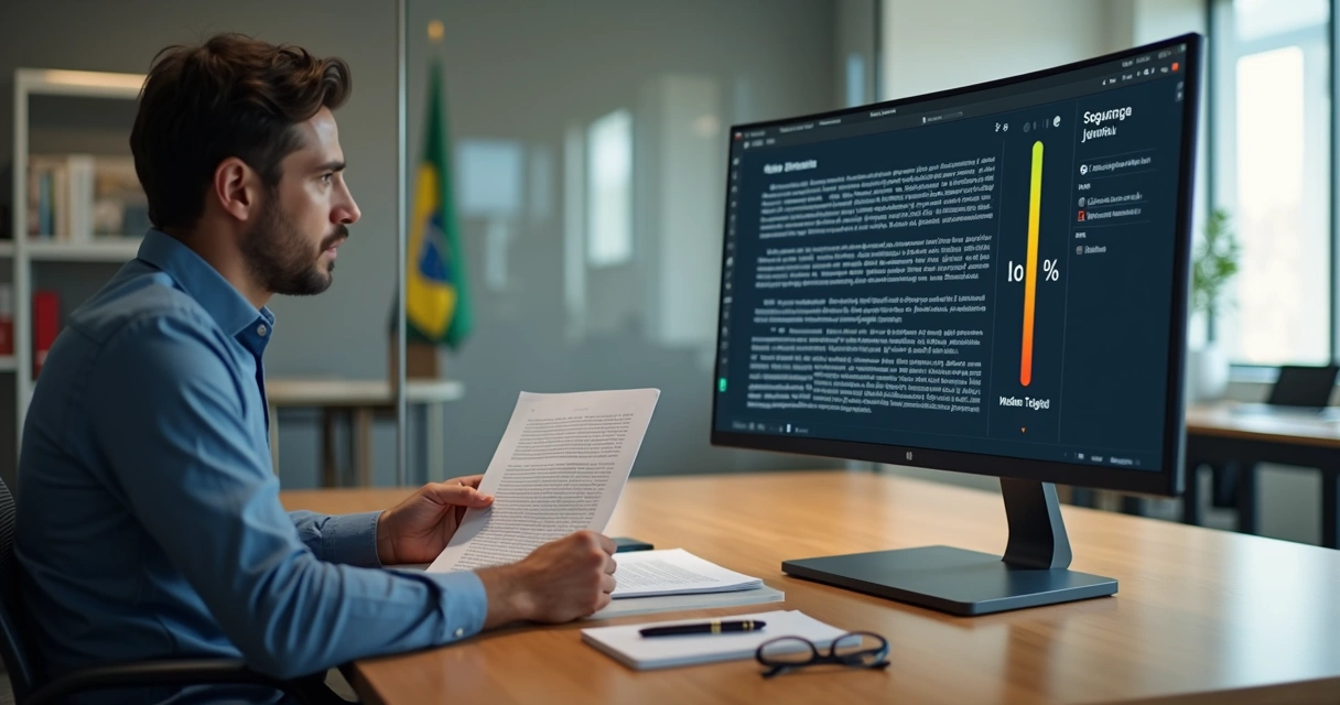 Assessor da câmara confere parecer impresso com versão digital revisada na tela do computador