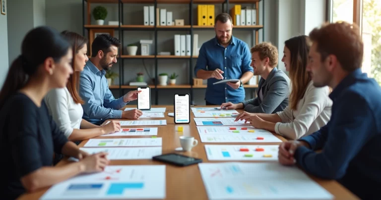 Equipe de câmara municipal revisando layout de app legislativo impresso sobre a mesa