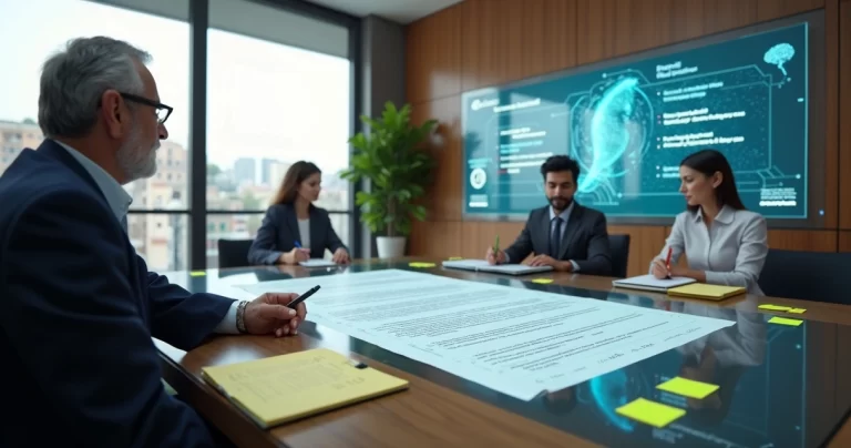 Equipe de câmara municipal revisando contrato público com apoio de inteligência artificial em tela digital