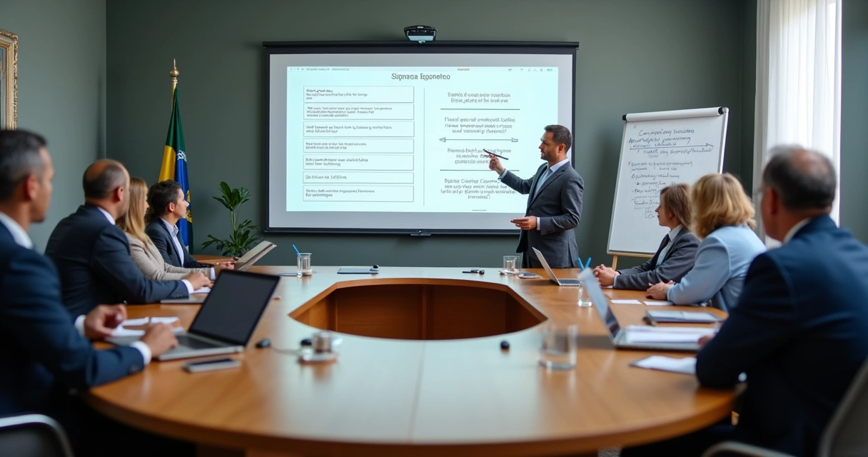 Vereadores em sala de treinamento observando projeção sobre uso de IA em comissões