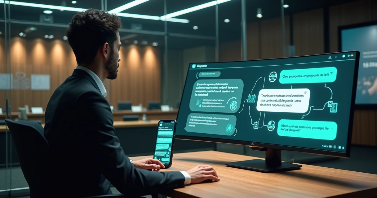 Atendente de câmara municipal configurando chatbot legislativo em monitor grande
