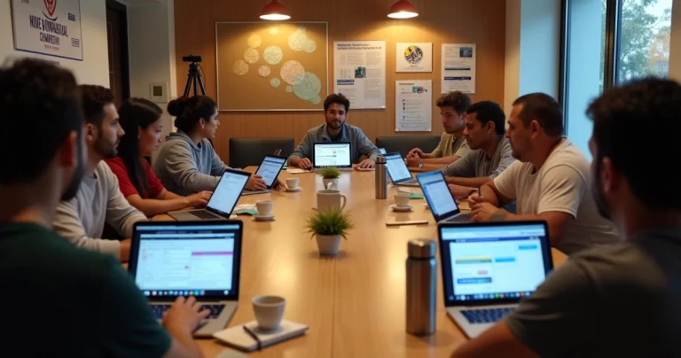 Cidadãos em mesa comunitária participando de consulta legislativa online em laptops e tablets