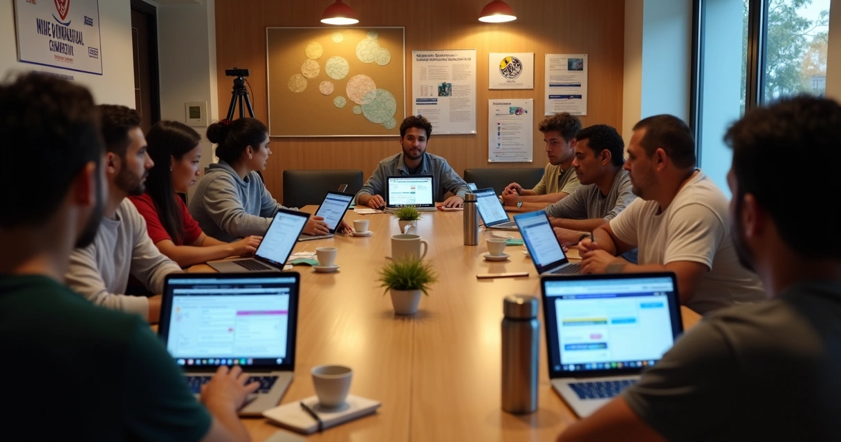 Cidadãos em mesa comunitária participando de consulta legislativa online em laptops e tablets