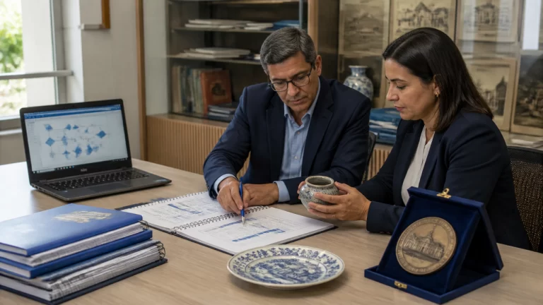 Equipe administrativa de câmara municipal avaliando contratação de peças artesanais com documentos e fluxo digital de compras