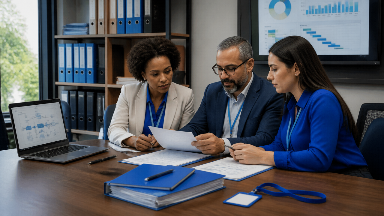 Equipe administrativa de órgão público analisando edital e fluxo digital de contratação com foco em inclusão e conformidade