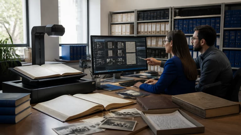 Equipe de câmara municipal organizando e digitalizando documentos históricos em um acervo legislativo