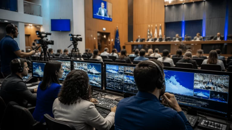 Equipe de comunicação em plenário legislativo acompanhando transmissão ao vivo e organização de informações públicas em contexto eleitoral