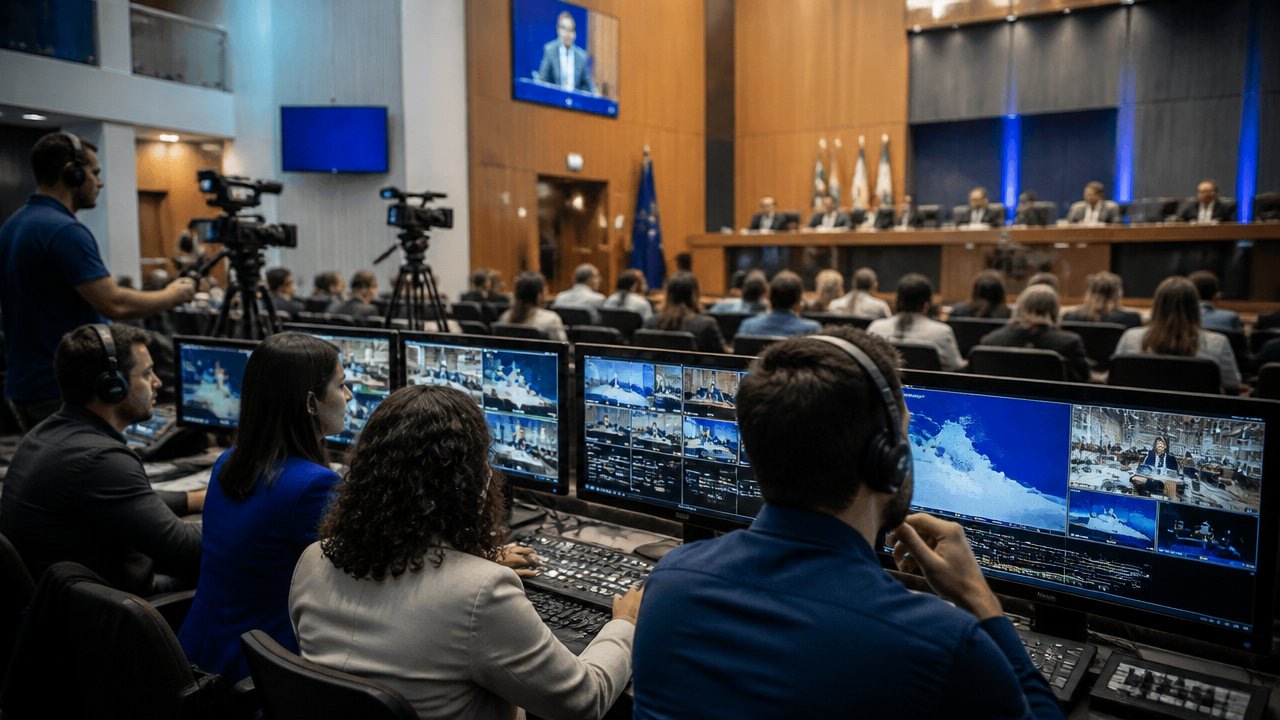 Equipe de comunicação em plenário legislativo acompanhando transmissão ao vivo e organização de informações públicas em contexto eleitoral