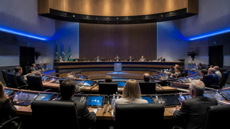 Sessão legislativa em plenário com vereadores e servidores acompanhando debate, representando organização e consulta de informações da sessão