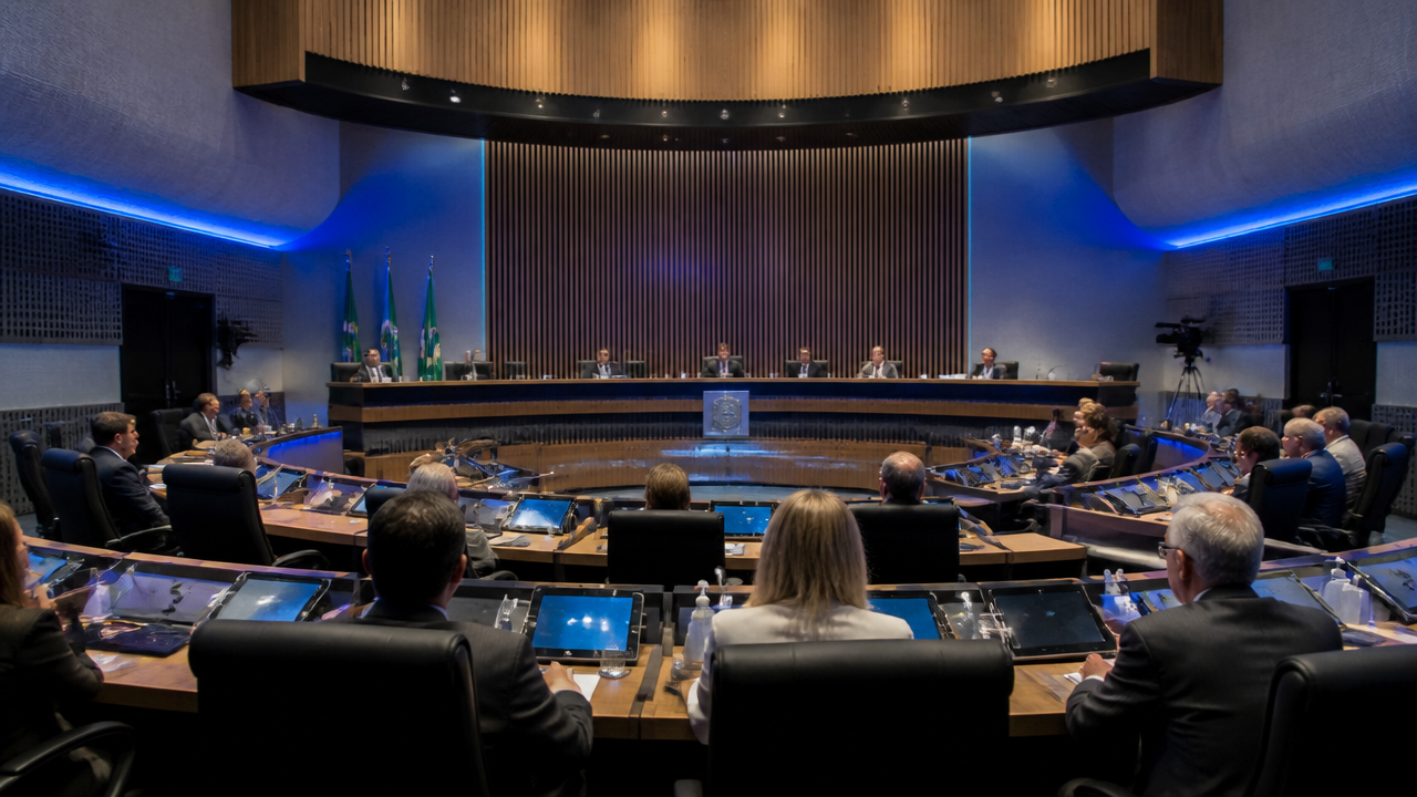 Sessão legislativa em plenário com vereadores e servidores acompanhando debate, representando organização e consulta de informações da sessão