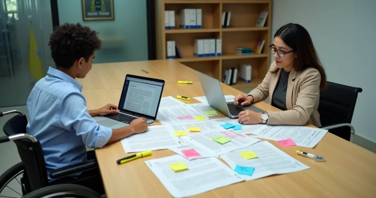 Dois servidores revisando textos legislativos impressos com anotações coloridas sobre linguagem inclusiva