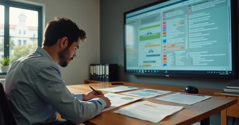 Servidor de câmara municipal planejando termo de referência com apoio de painel digital de IA