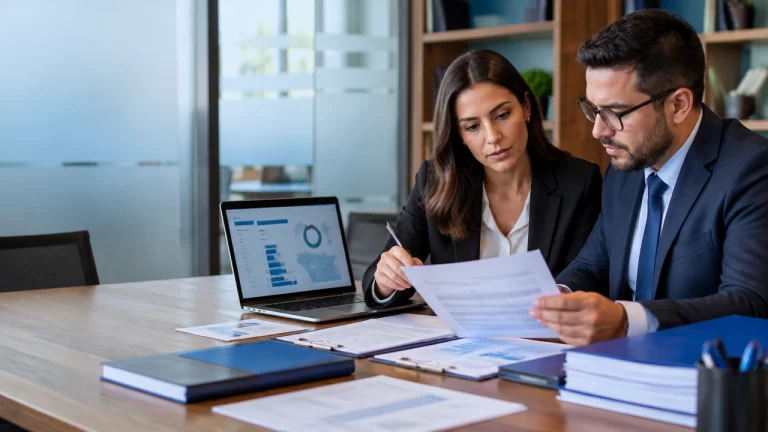 Assessores legislativos analisam documentos e dados de compras públicas em uma sala institucional