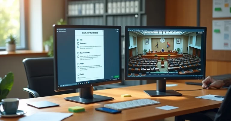 Quadro com checklist digital de notícias legislativas ao lado de painel com sessão da câmara municipal